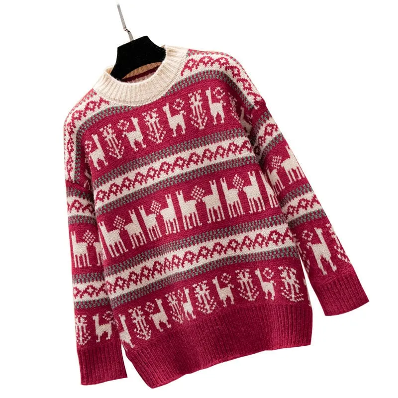 Winter Warm Thick Crew Neck Women's Christmas Deer Red Sweater Tops