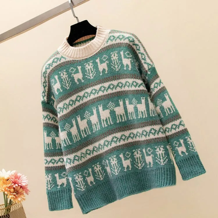 Winter Warm Thick Crew Neck Women's Christmas Deer Red Sweater Tops