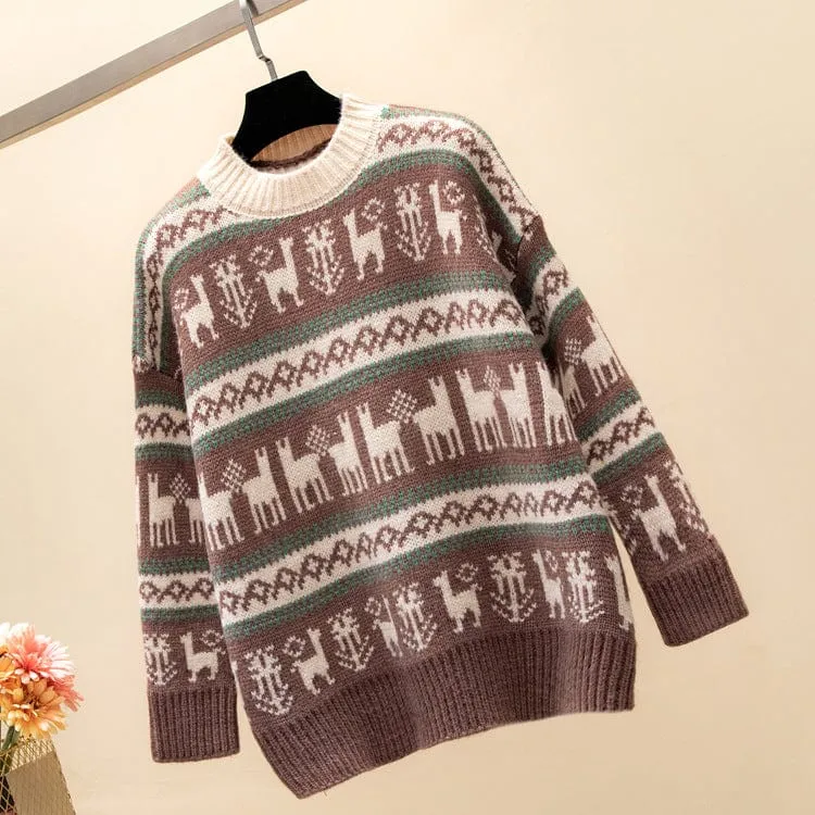 Winter Warm Thick Crew Neck Women's Christmas Deer Red Sweater Tops