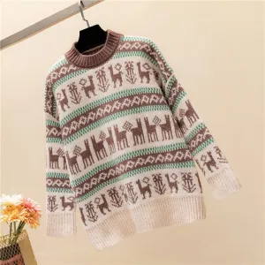 Winter Warm Thick Crew Neck Women's Christmas Deer Red Sweater Tops