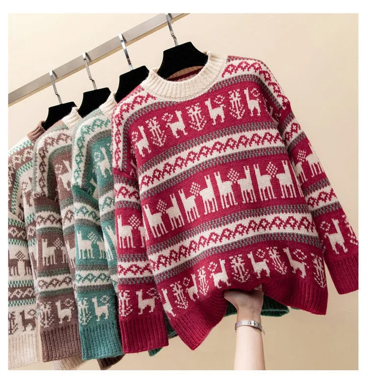 Winter Warm Thick Crew Neck Women's Christmas Deer Red Sweater Tops