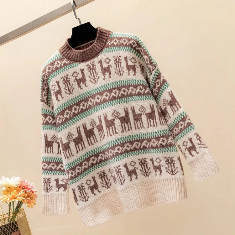 Winter Warm Thick Crew Neck Women's Christmas Deer Red Sweater Tops