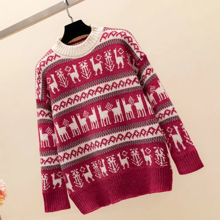 Winter Warm Thick Crew Neck Women's Christmas Deer Red Sweater Tops