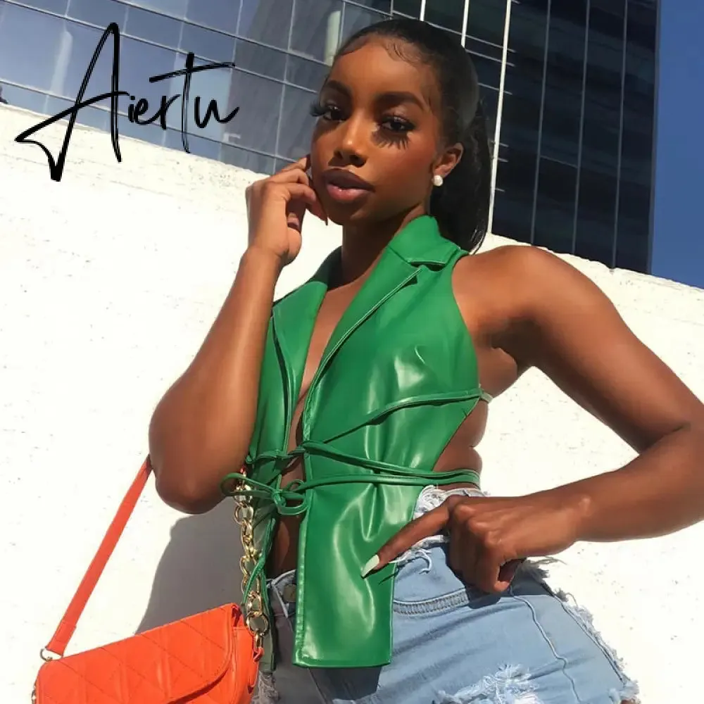 Women Bandage PU Sleeveless Crop Top  Lace-up Backless Tanks All-match Solid Lapel Female Summer Fashion Club Sexy Tees