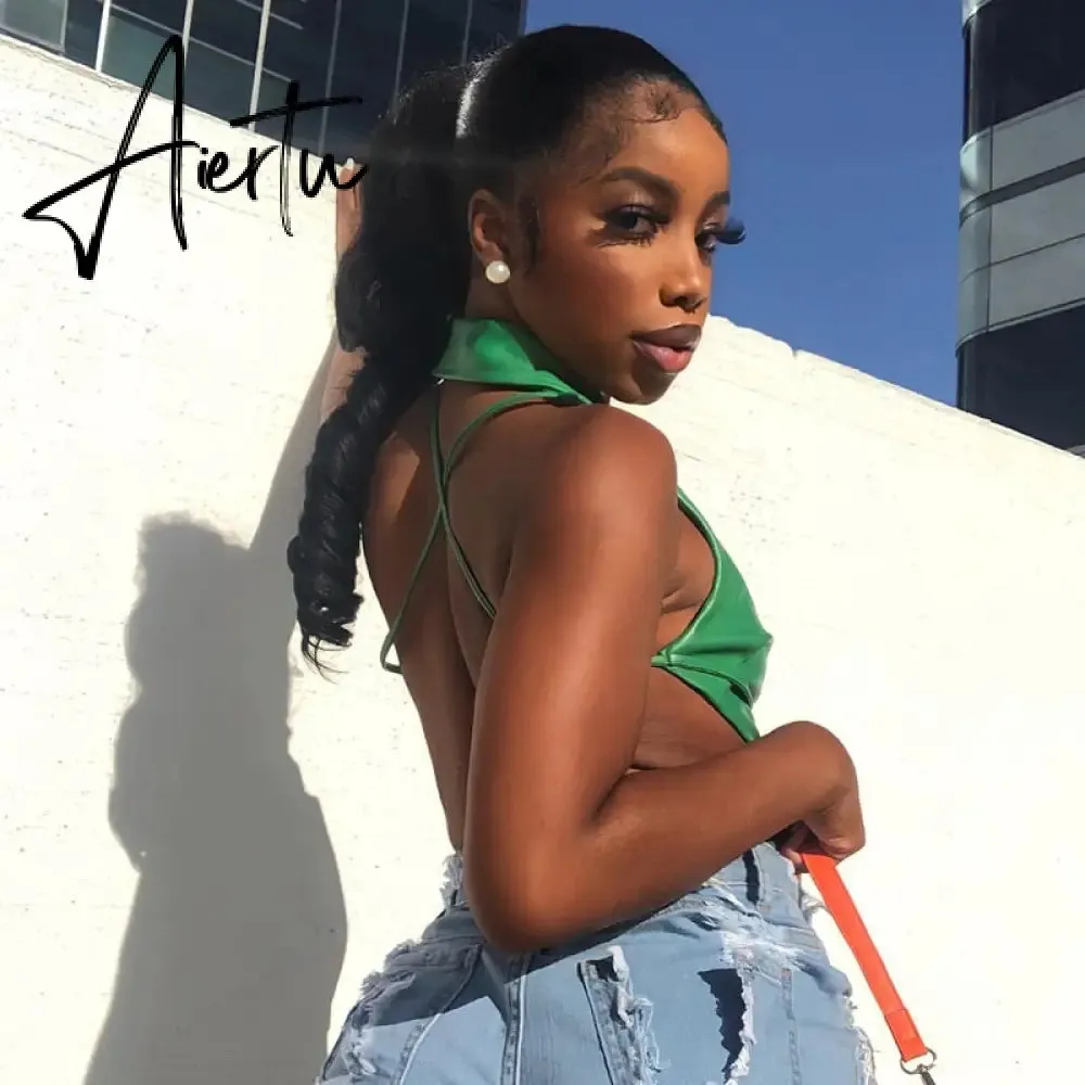 Women Bandage PU Sleeveless Crop Top  Lace-up Backless Tanks All-match Solid Lapel Female Summer Fashion Club Sexy Tees