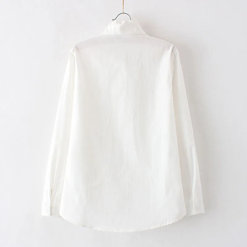 Women Cotton Lace White Shirts Ruffle Slim Soft Blouse
