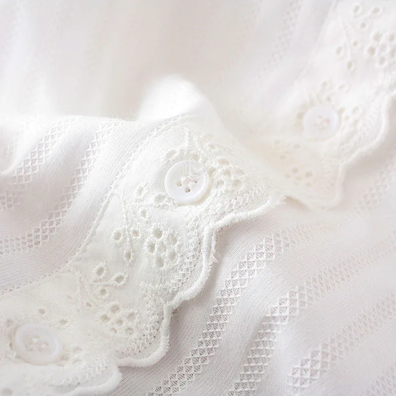 Women Cotton Lace White Shirts Ruffle Slim Soft Blouse