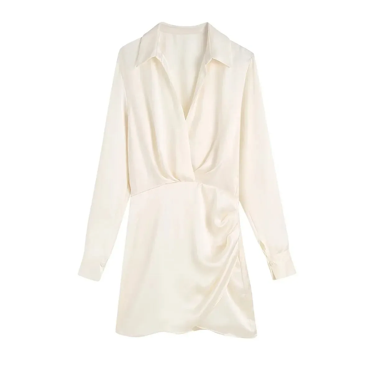 Women's Fashionable Silk Satin Pleated Solid Color Dress